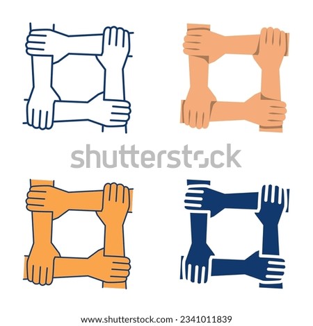 Hands in square form icon set in flat and line style. Teamwork, holding together, arms grabbing wrists. Coalition, cooperation symbol. Vector illustration.
