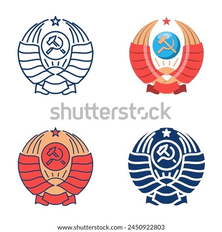 USSR coat of arms icon set. Communism symbol with hammer and sickle. Soviet emblem. Vector illustration.