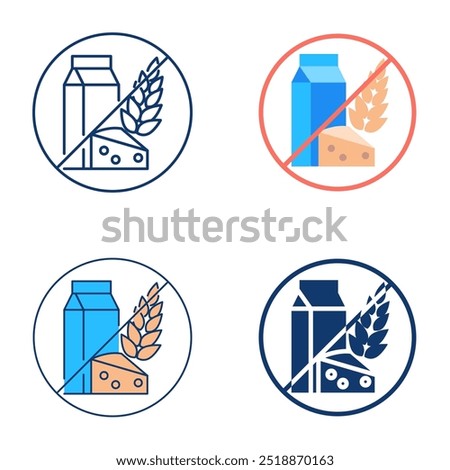 Allergen free food icon set in flat and line style. No lactose and gluten. Vector illustration.