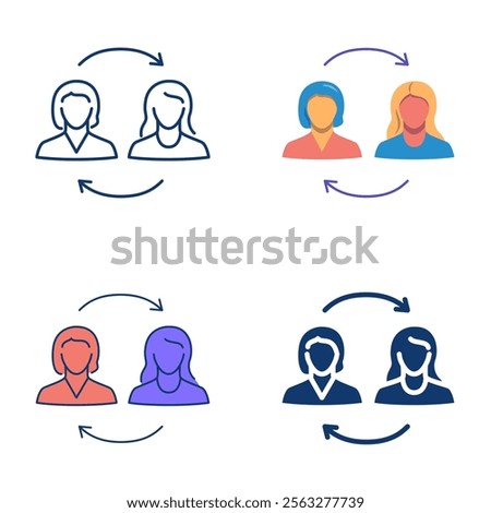 Exchange between two people icon set in flat and line style. Communication, data exchange, replacement. Vector illustration