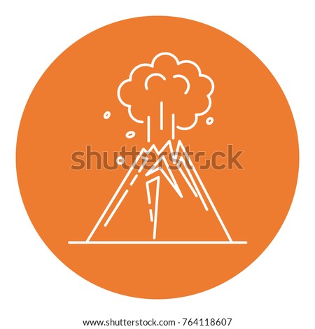 Volcano eruption icon in thin line style. Linear mountain symbol in round frame.