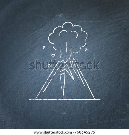 Volcano eruption icon on chalkboard. Linear mountain symbol - chalk drawing.