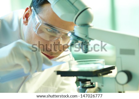 Similar – Image, Stock Photo Serious clinician studying chemical element in laboratory