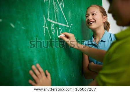 Similar – Image, Stock Photo Cheerful female near triangle window