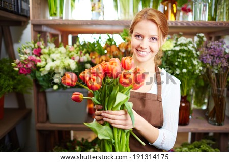 Similar – Image, Stock Photo Woman smells red tulips