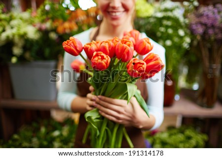 Similar – Image, Stock Photo Woman smells red tulips