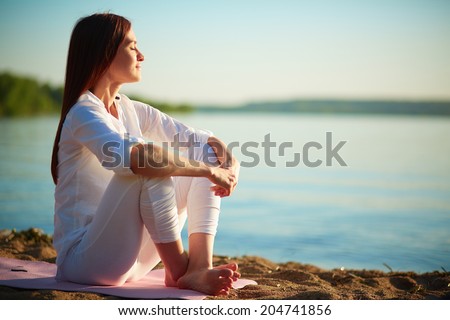 Image, Stock Photo Lady sitting on sandy coast near sea