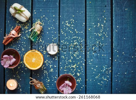 High angle view of table with objects for aromatherapy