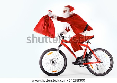 Similar – Image, Stock Photo Santa Claus riding bicycle along mountain road