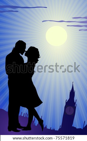 Vector illustration of couple kissing during tour in England