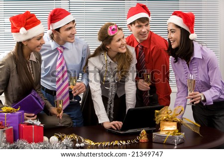 Portrait Of Happy Business People Chatting While Celebrating Christmas ...