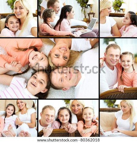 Collage of family having rest at home