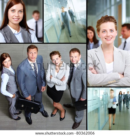 Collage of confident business people indoors