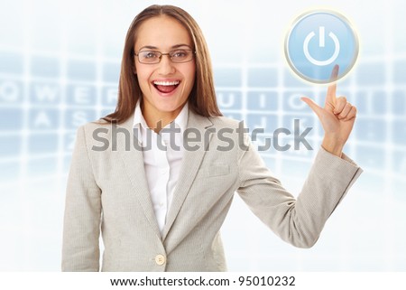 Creative photo of happy businesswoman pressing set on button