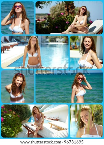 Collage of beautiful young woman having rest on summer resort