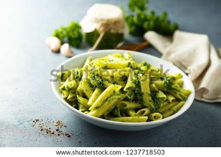 Image, Stock Photo Pasta with pesto sauce minimalist on a pink background