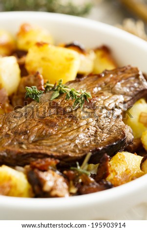 Beef steak with potato and mushrooms