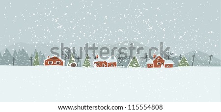 Winter background with a peaceful village in a snowy landscape. Christmas vector hand drawn background.
