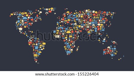 World map made of media icons. Globalization and internet concept. Vector image.