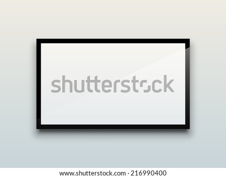 Empty white flat TV screen hanging on a white wall. EPS10 vector image.