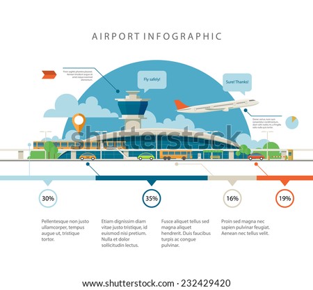 Cool detailed flat vector airport with infographic elements templates. Different transport types in front of the main terminal. EPS10 vector illustration.
