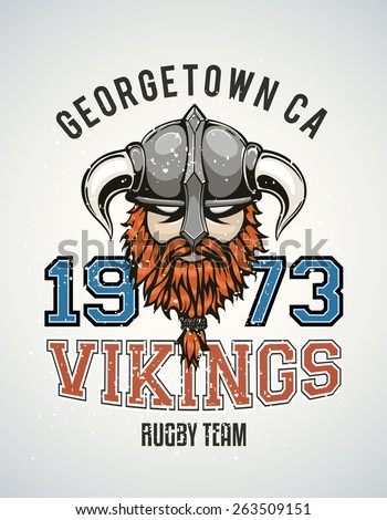 Cool and tough sports team vector logo with a brutal viking warrior with a horned helmet and a red beard. Sample text goes around the badge.