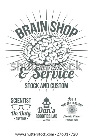 Funny retro-futuristic style scientific shops advertisement badges. Cool old style graphic logos for store advertising. Brain shop, scientist on duty, Robotics lab, domestic nuclear reactors.