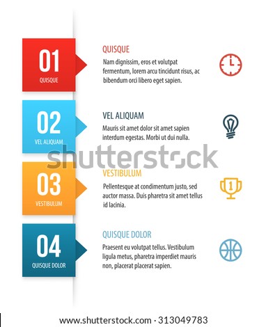 Nice vector numbered list template with colorful squares. Clean white background with copy spaces for your text, icons and headers.