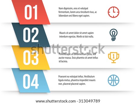 Simple vector numbered list template on white background. Decorated elementary infographics layout with sample text and icons.