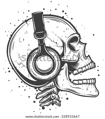 Vector illustration of a skull listening to the music. Skeleton wearing headphones side view.