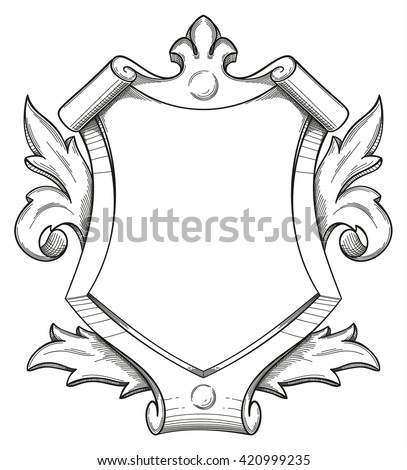 Blank baroque shield with floral ornament and stroked shades. Hand drawn vintage heraldic insignia design isolated on white. Old style flourish swirls and rococo decor.