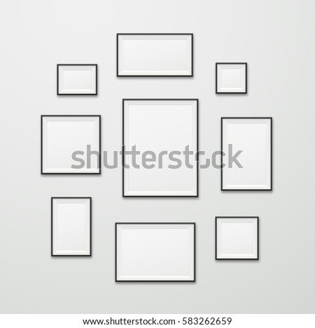 Simple vector wooden blank framers of different size. Vertical, horizontal and square realistic white frames with black border hanging on the wall.