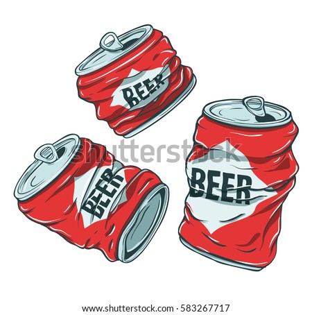 Set of sketchy crumpled beer cans. Vector crushed red aluminum alcohol beverage cans illustration.