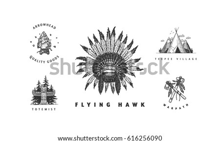 American indian vector logos collection. Cool hand drawn sketchy badges and labels. Feather headdress, totem, teepee, arrowhead, tomahawks. 