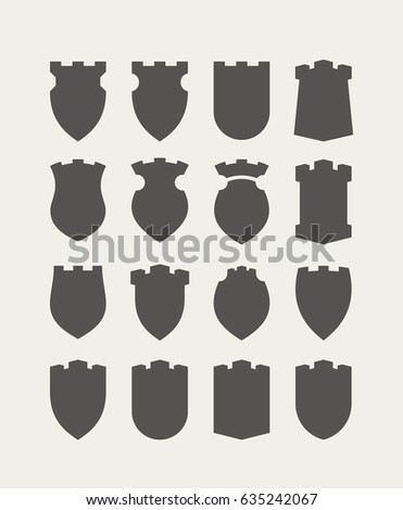 Vector blank medieval frames collection. Set of shields with castle turrets on tops. Ancient insignia templates. 