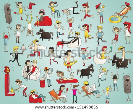 Collection of young people having fun (isolated), dancing, drinking etc. Illustration is hand drawn, elements are isolated and is in eps10 vector mode. 