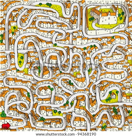 Old Town Maze Game (Find The Way To Castle) Stock Vector Illustration ...