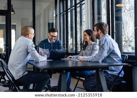 Happy caucasian man, informing his staff about the company progress. Photo stock © 