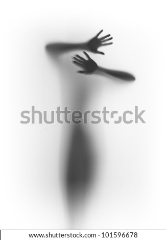 Faceless body stand front behind a curtain, hands, silhouette