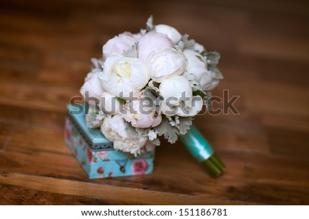 Bride bouquet of wedding flowers white peony. Wedding day decoration. Classic Wedding bouquet of peony. Beautiful wedding flowers. Bridal flowers. Bouquet of bride. Autumn wedding flowers.  Marriage
