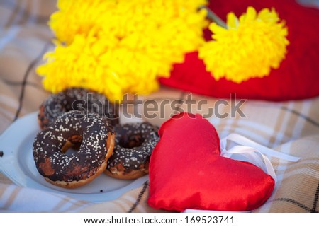 Chocolate donuts on Valentine\'s Day picnic on nature. Delicious sweets at Valentine\'s day dating outdoors.