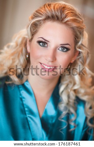 Beautiful young woman morning portrait lifestyle, pretty blonde girl at home at holiday morning, skincare and beauty model.