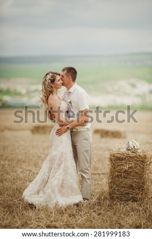 Bride and groom wedding portrait outdoors newlyweds loving couple at field marriage bridal flowers, kissing man and woman at wedding day, selective focus, series