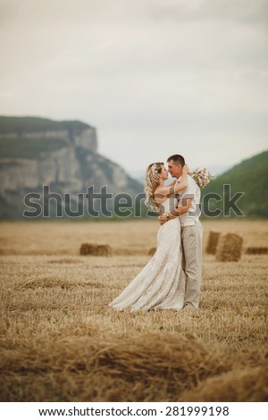 Bride and groom wedding portrait outdoors newlyweds loving couple at field marriage bridal flowers, kissing man and woman at wedding day, selective focus, series
