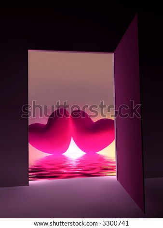 Door with two hearts on glowing surface
