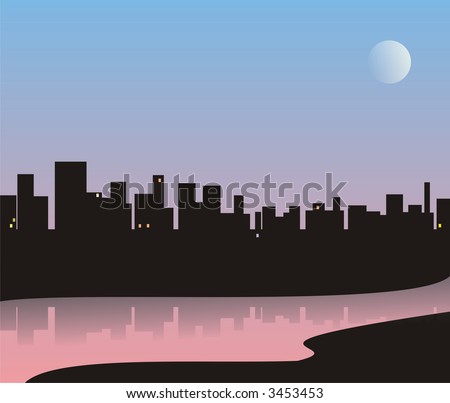 Illustration in the form of the city drawn by a black silhouette, on coast of the river. Houses are reflected in the river in a view of beams of the ascending sun in gradation from blue to pink