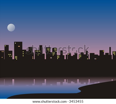 Illustration in the form of the city drawn by a black silhouette, on coast of the river. Houses are reflected in the river in a view of a decline and the appeared moon in gradation from blue to pink.