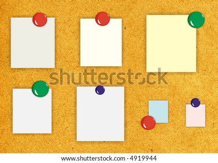 The figure representing a bulletin board with a background from plywood and some of small leaves of a notebook, attached to a board buttons and magnets