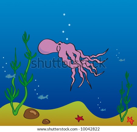 The pink octopus floating in depths of ocean