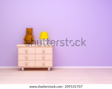 Nightstand with lamp and teddy bear. Pastel colors, empty room